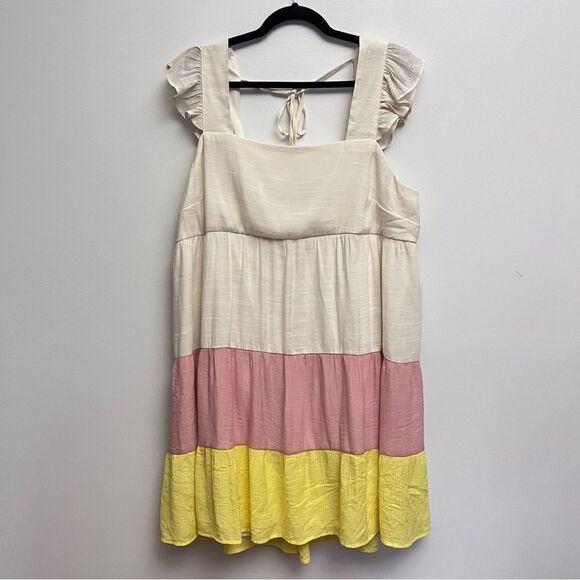 As U Wish Flutter Sleeve Pastel Colorblock Smocked Full Skirted Mini Dress 2X - Picture 4 of 8